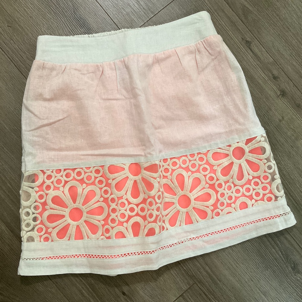 Stoosh White and Bright Peach Linen/Rayon Blend Skirt